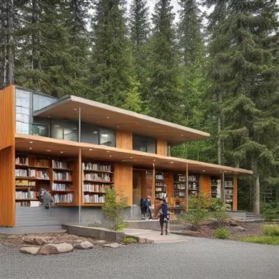 a modern library in a forest